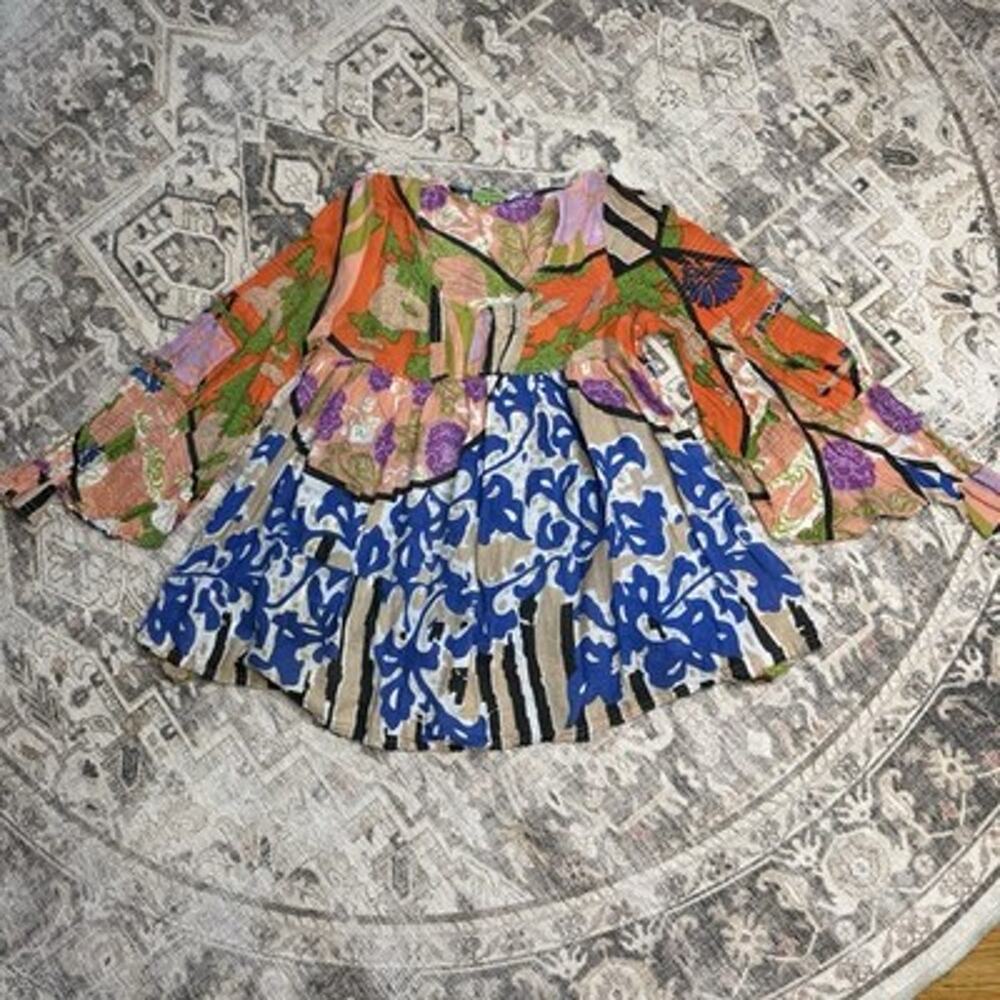 Aoyama Itchome Mixed Print Tunic Blouse S Art Boho Patchwork Bell Sleeve Silk